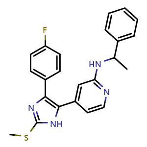 Chemical structure of 4-(4-(4-Fluorophenyl)-2-(methylthio)-1H-imidazol-5-yl)-N-(1-phenylethyl)pyridin-2-amine , CAS 549505-65-9, AChemBlock Y233996