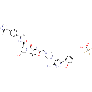 Chemical structure of (2S,4R)-1-((S)-2-(2-(4-(3-amino-6-(2-hydroxyphenyl)pyridazin-4-yl)piperazin-1-yl)acetamido)-3,3-dimethylbutanoyl)-4-hydroxy-N-((S)-1-(4-(4-methylthiazol-5-yl)phenyl)ethyl)pyrrolidine-2-carboxamide 2,2,2-trifluoroacetic acid , CAS 3037649-70-7, AChemBlock Y233997