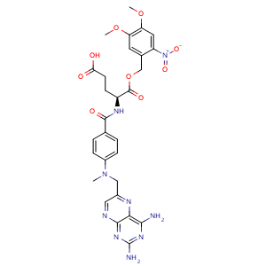 Chemical structure of (S)-4-(4-(((2,4-Diaminopteridin-6-yl)methyl)(methyl)amino)benzamido)-5-((4,5-dimethoxy-2-nitrobenzyl)oxy)-5-oxopentanoic acid , CAS 2820151-03-7, AChemBlock Y233998