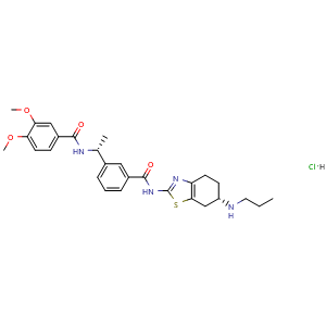 Chemical structure of 3,4-Dimethoxy-N-((R)-1-(3-(((S)-6-(propylamino)-4,5,6,7-tetrahydrobenzo[d]thiazol-2-yl)carbamoyl)phenyl)ethyl)benzamide hydrochloride , CAS 3037659-14-3, AChemBlock Y233999