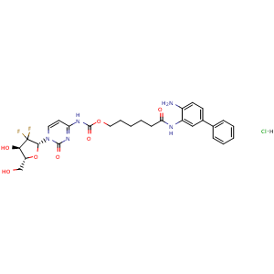 Chemical structure of 6-((4-amino-[1,1'-biphenyl]-3-yl)amino)-6-oxohexyl (1-((2R,4R,5R)-3,3-difluoro-4-hydroxy-5-(hydroxymethyl)tetrahydrofuran-2-yl)-2-oxo-1,2-dihydropyrimidin-4-yl)carbamate hydrochloride , AChemBlock Y234002