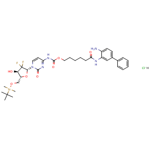 Chemical structure of 6-(4-aminobiphenyl-3-ylamino)-6-oxohexyl 1-((2R,4R,5R)-5-((tert-butyldimethylsilyloxy)methyl)-3,3-difluoro-4-hydroxytetrahydrofuran-2-yl)-2-oxo-1,2-dihydropyrimidin-4-ylcarbamate hydrochloride , AChemBlock Y234003
