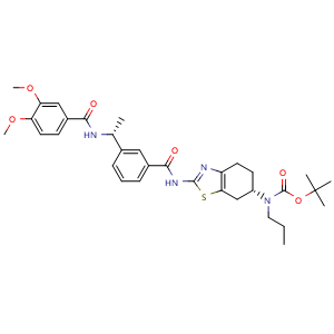 Chemical structure of tert-Butyl ((S)-2-(3-((R)-1-(3,4-dimethoxybenzamido)ethyl)benzamido)-4,5,6,7-tetrahydrobenzo[d]thiazol-6-yl)(propyl)carbamate , CAS 3037649-21-8, AChemBlock Y234007