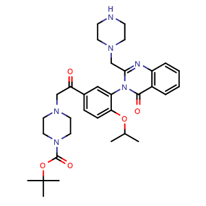 Chemical structure of tert-Butyl 4-(2-(4-isopropoxy-3-(4-oxo-2-(piperazin-1-ylmethyl)quinazolin-3(4H)-yl)phenyl)-2-oxoethyl)piperazine-1-carboxylate , CAS 2988649-23-4, AChemBlock Y234010