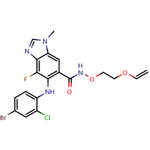 Chemical structure of 5-((4-Bromo-2-chlorophenyl)amino)-4-fluoro-1-methyl-N-(2-(vinyloxy)ethoxy)-1H-benzo[d]imidazole-6-carboxamide , CAS 606144-05-2, AChemBlock Y234012