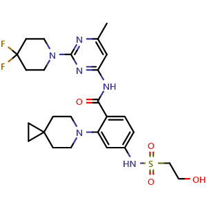 Chemical structure of N-(2-(4,4-Difluoropiperidin-1-yl)-6-methylpyrimidin-4-yl)-4-((2-hydroxyethyl)sulfonamido)-2-(6-azaspiro[2.5]octan-6-yl)benzamide , CAS 2410796-79-9, AChemBlock Y234016