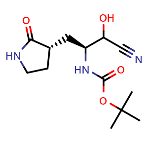 Chemical structure of (3S)-3-(Boc-amino)-2-hydroxy-4-[(S)-2-oxo-3-pyrrolidinyl]butanenitrile , CAS 2755780-15-3, AChemBlock Y234073