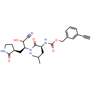 Chemical structure of 3-Ethynylbenzyl [(2S)-1-[[(2S)-1-Cyano-1-hydroxy-3-[(S)-2-oxo-3-pyrrolidinyl]-2-propyl]amino]-4-methyl-1-oxo-2-pentyl]carbamate , CAS 3031765-46-2, AChemBlock Y234074