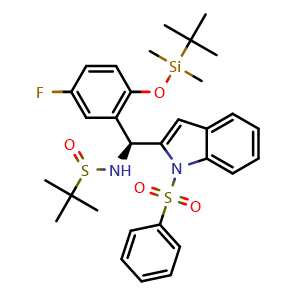 Chemical structure of (R)-N-[[2-[(tert-Butyldimethylsilyl)oxy]-5-fluorophenyl][1-(phenylsulfonyl)-2-indolyl]methyl]-2-methylpropane-2-sulfinamide , CAS 3031765-39-3, AChemBlock Y234163