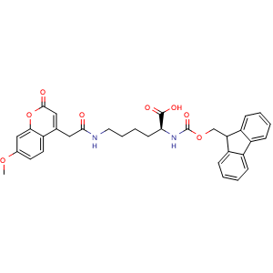 Chemical structure of N2-Fmoc-N6-[2-(7-methoxy-2-oxo-2H-1-benzopyran-4-yl)acetyl]-L-lysine , CAS 386213-32-7, AChemBlock Y234209