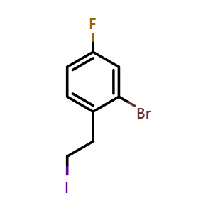 Chemical structure of 2-(2-Bromo-4-fluoro-phenyl)ethyl iodide , CAS 1804013-38-4, AChemBlock Y234975