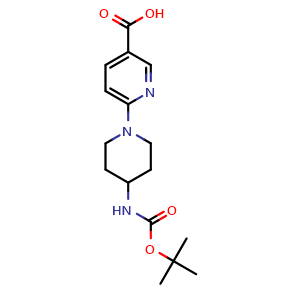 Chemical structure of 6-[4-(Boc-amino)-1-piperidinyl]-3-pyridinecarboxylic acid , CAS 344947-08-6, AChemBlock Y235206