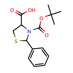 Chemical structure of N-Boc-2-phenyl-thiazolidine-4-carboxylic acid , CAS 106086-10-6, AChemBlock Y235222