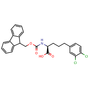 Chemical structure of (S)-2-(Fmoc-amino)-5-(3,4-dichlorophenyl)pentanoic acid , CAS 2350690-24-1, AChemBlock Y235298