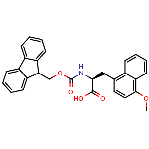 Chemical structure of (S)-a-(Fmoc-amino)-4-methoxy-1-naphthalenepropanoic acid , CAS 2350005-41-1, AChemBlock Y235369