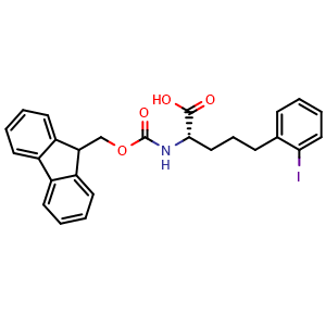 Chemical structure of (S)-a-(Fmoc-amino)-2-iodobenzenepentanoic acid , CAS 2349773-68-6, AChemBlock Y235378