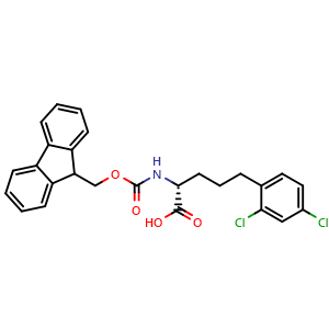 Chemical structure of (R)-a-(Fmoc-amino)-2,4-dichlorobenzenepentanoic acid , CAS 2349593-81-1, AChemBlock Y235397