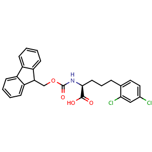 Chemical structure of (S)-a-(Fmoc-amino)-2,4-dichlorobenzenepentanoic acid , CAS 2349579-56-0, AChemBlock Y235398