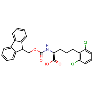 Chemical structure of (S)-a-(Fmoc-amino)-2,6-dichlorobenzenepentanoic acid , CAS 2349562-40-7, AChemBlock Y235400