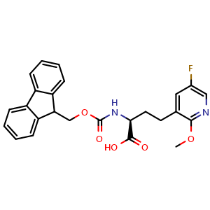 Chemical structure of (S)-a-(Fmoc-amino)-5-fluoro-2-methoxy-3-pyridinebutanoic acid , CAS 2349507-93-1, AChemBlock Y235404