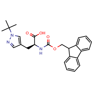 Chemical structure of (S)-a-(Fmoc-amino)-1-tert-butyl-1H-pyrazole-4-propanoic acid , CAS 1993328-76-9, AChemBlock Y235423