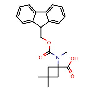 Chemical structure of 1-(N-Fmoc-N-methyl-amino)-3,3-dimethylcyclobutanecarboxylic acid , CAS 2025106-27-6, AChemBlock Y235482