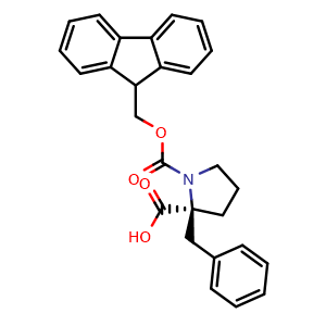 Chemical structure of (S)-1-Fmoc-2-benzyl-pyrrolidine-2-carboxylic acid , CAS 1802938-33-5, AChemBlock Y235499