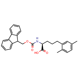 Chemical structure of (S)-a-(Fmoc-amino)-2,5-dimethylbenzenepentanoic acid , CAS 2349332-10-9, AChemBlock Y235549