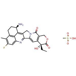 Chemical structure of (1R,9R)-1-Amino-9-ethyl-5-fluoro-9-hydroxy-4-methyl-2,3,12,15-tetrahydrobenzo[de]pyrano[3',4':6,7]indolizino[1,2-b]quinoline-10,13(1H,9H)-dione Mesylate , CAS 2938875-39-7, AChemBlock Y235824