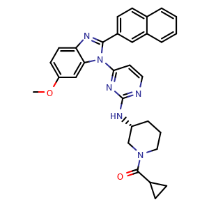 Chemical structure of (R)-Cyclopropyl[3-[[4-[6-methoxy-2-(2-naphthyl)-1-benzimidazolyl]-2-pyrimidinyl]amino]-1-piperidyl]methanone , CAS 1428959-10-7, AChemBlock Y235828