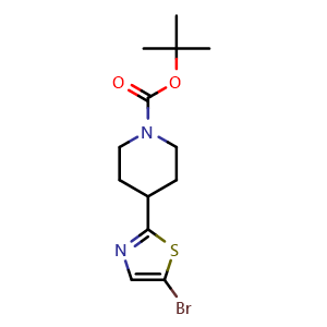 Chemical structure of 1,1-Dimethylethyl 4-(5-bromo-2-thiazolyl)-1-piperidinecarboxylate , CAS 951259-16-8, AChemBlock Y235953