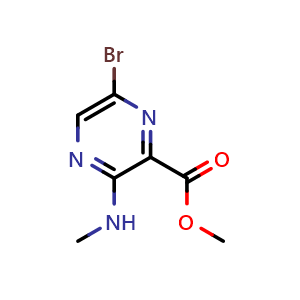 Chemical structure of Methyl 6-bromo-3-(methylamino)pyrazine-2-carboxylate , CAS 13457-23-3, AChemBlock Y236090