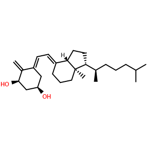 Chemical structure of (1R,3R,E)-5-(2-((1R,3aS,7aR,E)-7a-Methyl-1-((R)-6-methylheptan-2-yl)octahydro-4H-inden-4-ylidene)ethylidene)-4-methylenecyclohexane-1,3-diol , CAS 65445-15-0, AChemBlock Y236253