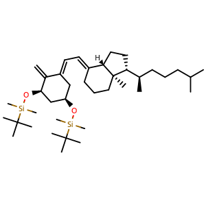 Chemical structure of (((1R,3R,E)-5-(2-((1R,3aS,7aR,E)-7a-Methyl-1-((R)-6-methylheptan-2-yl)octahydro-4H-inden-4-ylidene)ethylidene)-4-methylenecyclohexane-1,3-diyl)bis(oxy))bis(tert-butyldimethylsilane) , CAS 2239312-26-4, AChemBlock Y236254