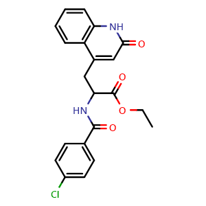 Chemical structure of Ethyl 2-(4-chlorobenzamido)-3-(2-oxo-1,2-dihydroquinolin-4-yl)propanoate , CAS 452322-61-1, AChemBlock Y236287