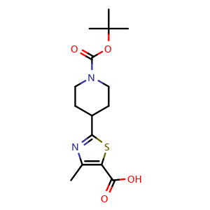 Chemical structure of 2-{1-[(tert-Butoxy)carbonyl]piperidin-4-yl}-4-methyl-1,3-thiazole-5-carboxylic acid , CAS 216955-61-2, AChemBlock Y236343