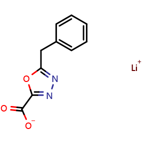 Chemical structure of Lithium 5-benzyl-1,3,4-oxadiazole-2-carboxylate , CAS 2124265-21-8, AChemBlock Y236506