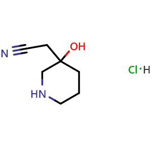 Chemical structure of 2-(3-Hydroxypiperidin-3-yl)acetonitrile hydrochloride , CAS 2875037-13-9, AChemBlock Y236518
