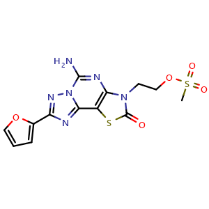Chemical structure of 2-(5-Amino-8-(furan-2-yl)-2-oxothiazolo[5,4-e][1,2,4]triazolo[1,5-c]pyrimidin-3(2H)-yl)ethyl methanesulfonate , CAS 2246609-36-7, AChemBlock Y236568