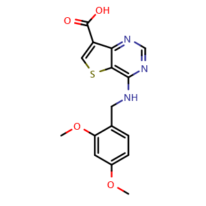 Chemical structure of 4-((2,4-Dimethoxybenzyl)amino)thieno[3,2-d]pyrimidine-7-carboxylic acid , CAS 1269667-39-1, AChemBlock Y236582