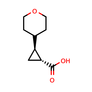 Chemical structure of rel-(1R,2S)-2-(Tetrahydro-2H-pyran-4-yl)cyclopropanecarboxylic acid , CAS 1902963-37-4, AChemBlock Y236595