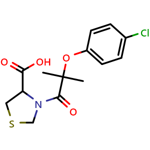 Chemical structure of 3-(2-(4-Chlorophenoxy)-2-methylpropanoyl)thiazolidine-4-carboxylic acid , CAS 64179-54-0, AChemBlock Y236620