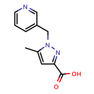 Chemical structure of 5-Methyl-1-(Pyridin-3-ylmethyl)-1H-pyrazole-3-carboxylic acid , CAS 1517917-91-7, AChemBlock Y236678