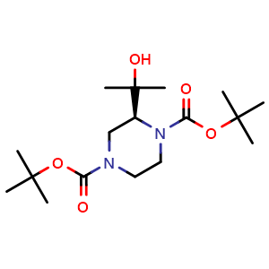 Chemical structure of Di-tert-Butyl (S)-2-(2-hydroxypropan-2-yl)piperazine-1,4-dicarboxylate , CAS 1319591-15-5, AChemBlock Y236724