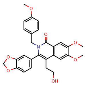 Chemical structure of 3-(Benzo[d][1,3]dioxol-5-yl)-4-(2-hydroxyethyl)-6,7-dimethoxy-2-(4-methoxybenzyl)isoquinolin-1(2H)-one , CAS 2248702-75-0, AChemBlock Y236740