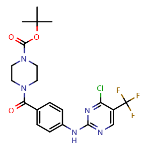 Chemical structure of tert-Butyl 4-(4-((4-chloro-5-(trifluoromethyl)pyrimidin-2-yl)amino)benzoyl)piperazine-1-carboxylate , CAS 1566584-48-2, AChemBlock Y236748