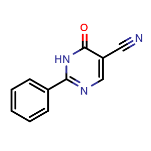 Chemical structure of 6-Oxo-2-phenyl-1,6-dihydropyrimidine-5-carbonitrile , CAS 27058-48-6, AChemBlock Y236796