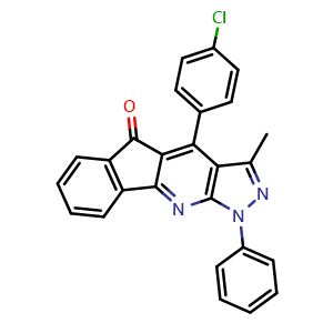 Chemical structure of 4-(4-Chlorophenyl)-3-methyl-1-phenylindeno[1,2-b]pyrazolo[4,3-e]pyridin-5(1H)-one , CAS 1009630-24-3, AChemBlock Y237072