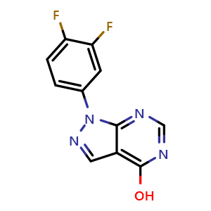 Chemical structure of 1-(3,4-Difluorophenyl)-1H-pyrazolo[3,4-d]pyrimidin-4(5H)-one , CAS 1082528-72-0, AChemBlock Y237084