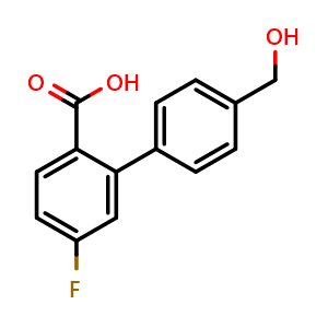 Chemical structure of 4-Fluoro-2-(4-hydroxymethylphenyl)benzoic acid , CAS 1261994-06-2, AChemBlock Y237102
